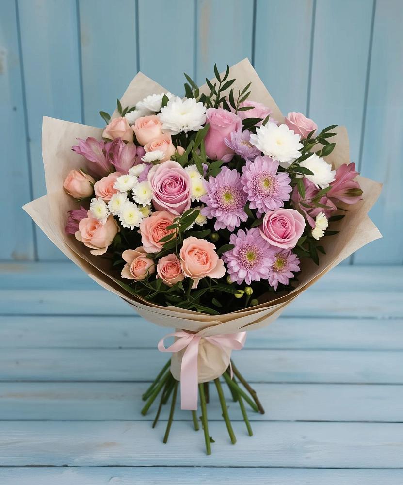 Букет цветов из: Хризантемы, Розы и Альстромерии в Ферме