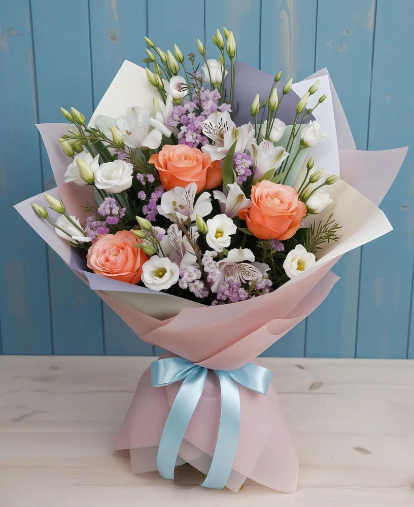 Букет цветов из: Лизиантусы, Розы, Альстромерии и Гипсофила в Ферме