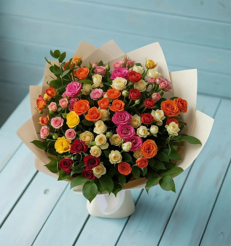 Букет Микс из разноцветных кустовых роз в Ферме