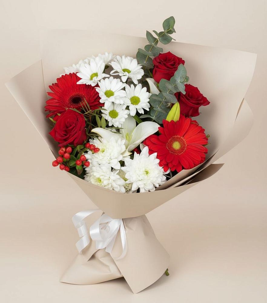 Букет цветов из: Розы, Хризантемы, Герберы и Лилии в Ферме