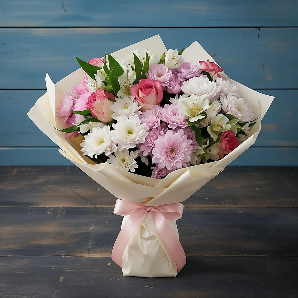 Букет цветов из: Хризантемы, Альстромерии и Розы в Ферме